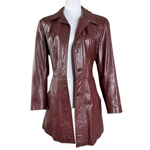 Vintage 70s  Leather Jacket L Burgundy Button Belted Classic Directions Coat - Picture 3 of 11